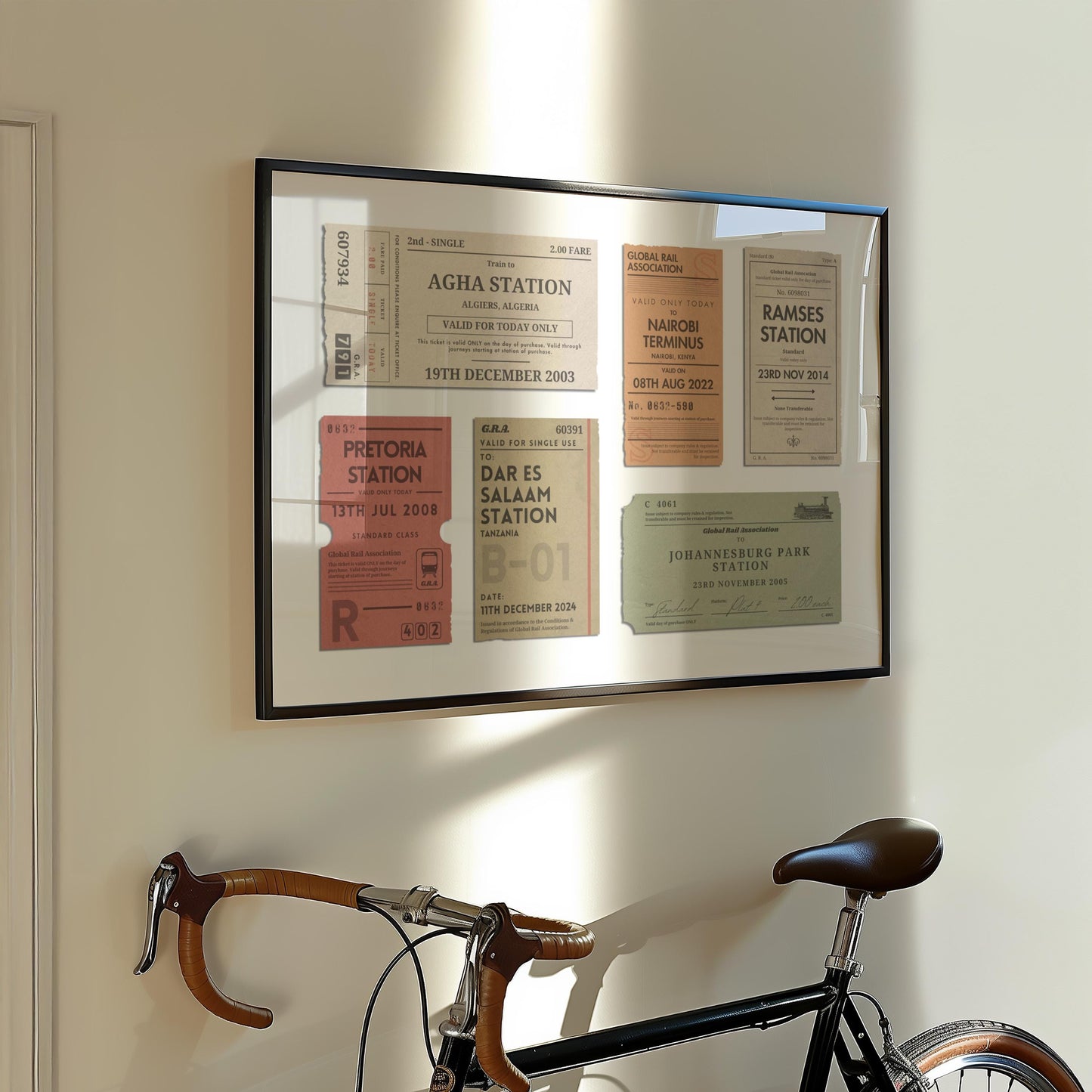 A eurpean style apartment hallway with a bike in it. A poster on the wall is a one of a kind railway stubs artwork made for travel lovers as a keepsake for rail journeys and holidays.