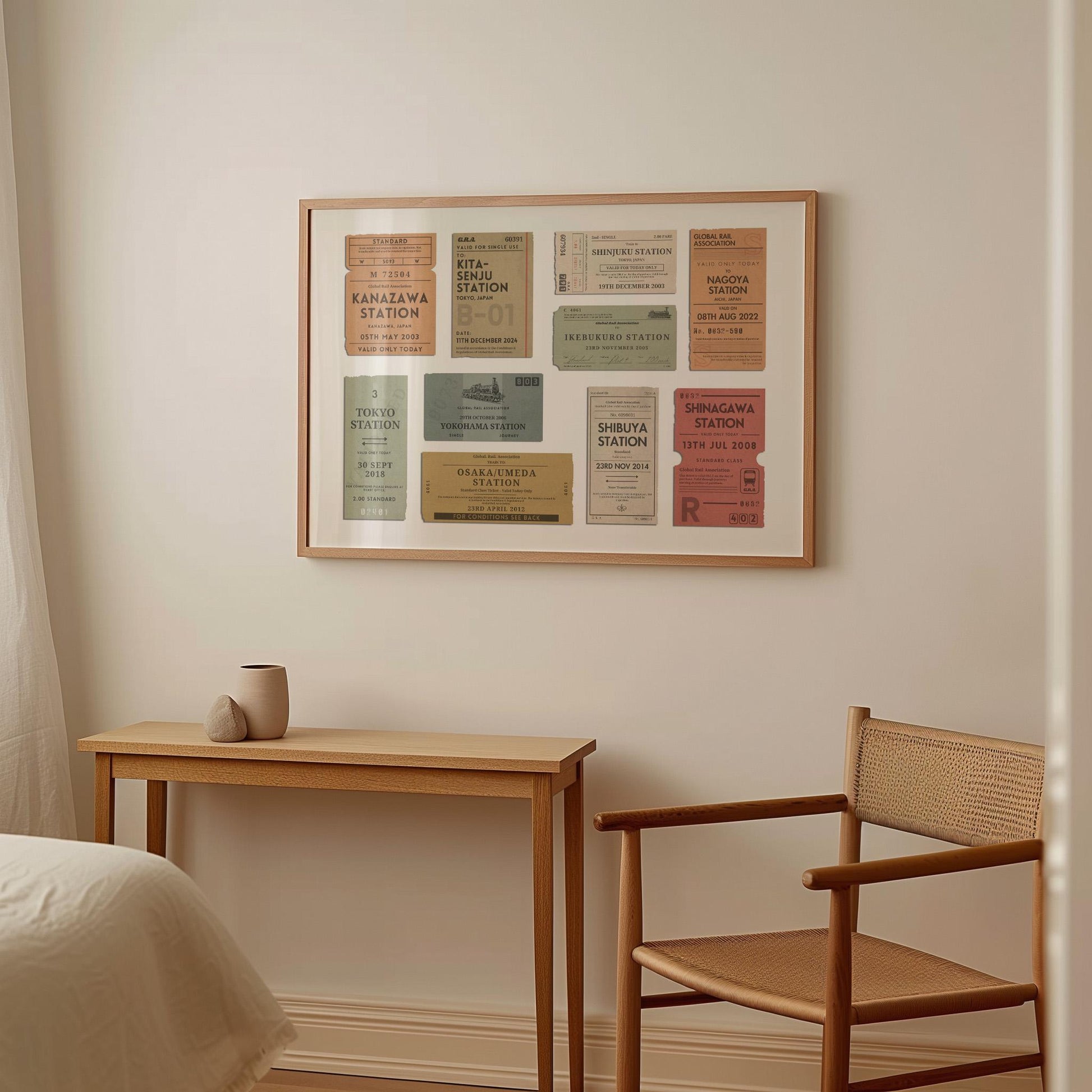 A warm light qood furnished bedroom wit a large horizontal framed wall art. It is a custom unique rail tag print designed as a memory filled gift for holidays, gap years or honeymoon décor.