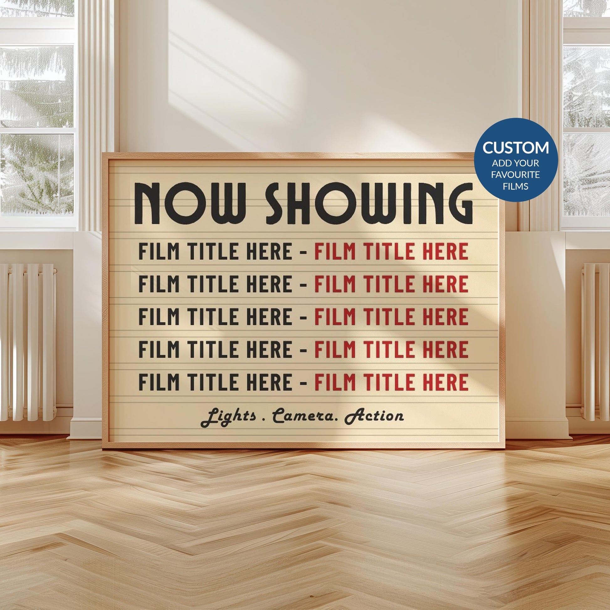 A scandi home living room with a framed landscape vintage movie print, customised with up to 10 tickets.
