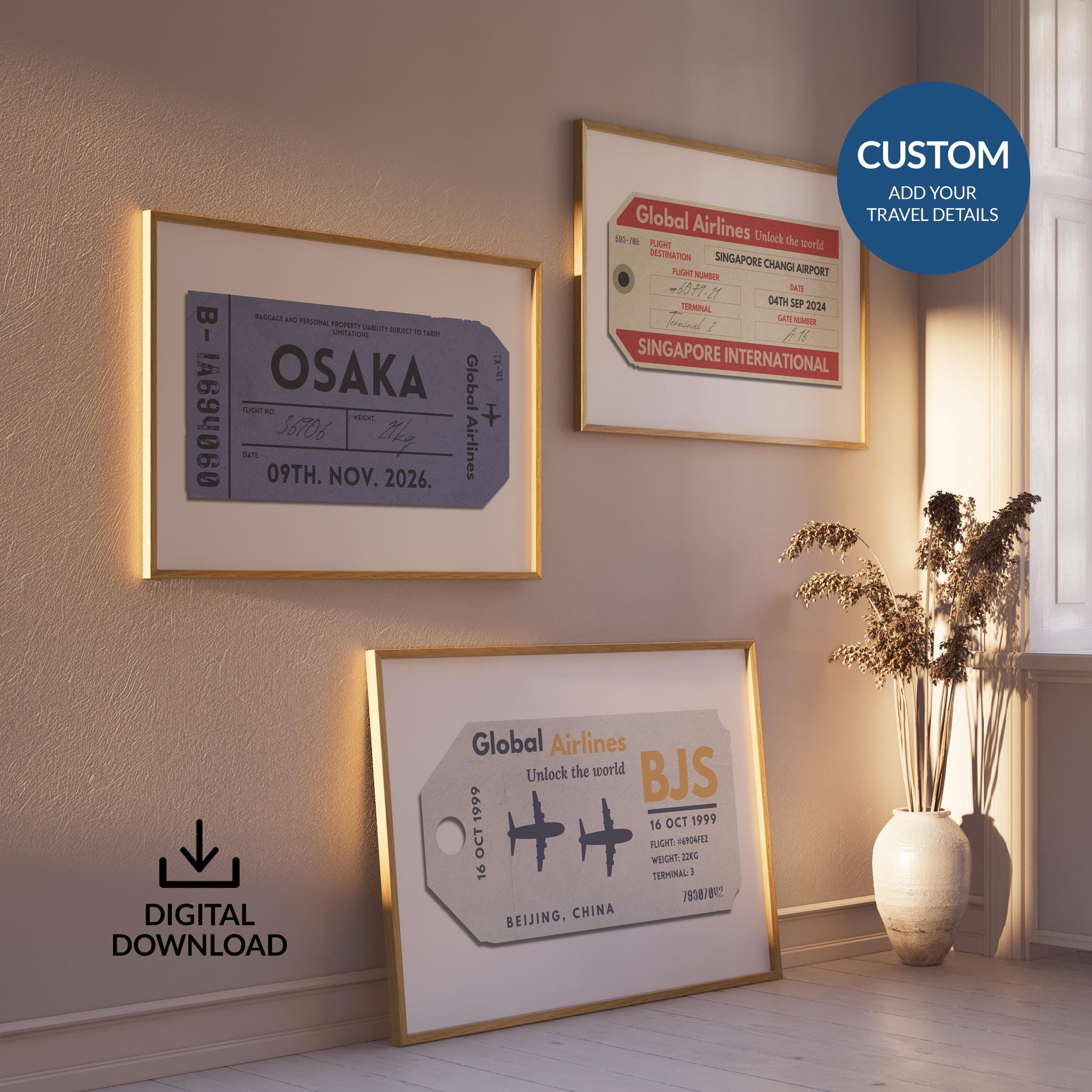 A minimal hallway with frames hung on the wall and on the floor. The art is of retro boarding passes personalised with dates, airports and destinations