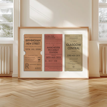 A livingroom with wood herringbone floor and a large art print. It is a custom vintage train ticket stub poster to show off your travels and holidays.