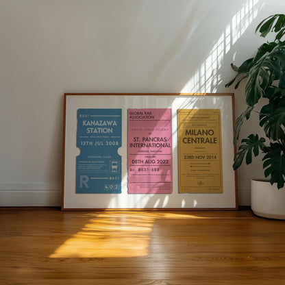 A well lit office space with a large plant and retro colour filled wall art decor. The poster has a set of three old style ticket stubs on it for interrail trips and train journeys from your travels. The art has been made bespoke with your trio of destinations, dates and stations.