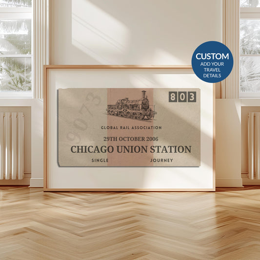 A livingroom with wood herringbone floor and a large art print. It is a custom vintage train ticket stub poster to show off your travels and holidays.