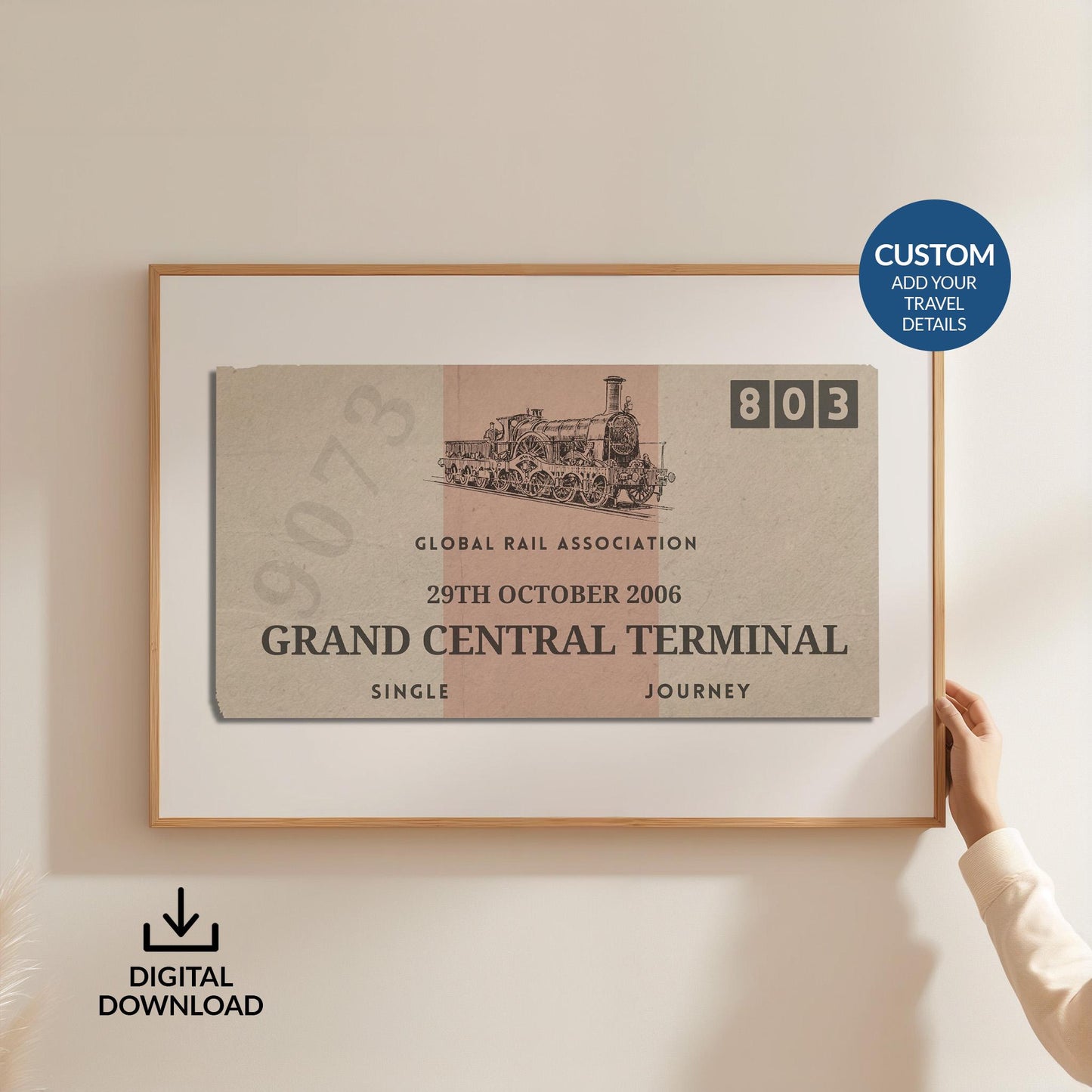 Someone in a white blouse holing up a large art print. It is a custom vintage train ticket stub poster to show off your travels and holidays.