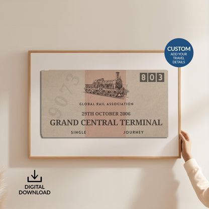 Someone in a white blouse holing up a large art print. It is a custom vintage train ticket stub poster to show off your travels and holidays.
