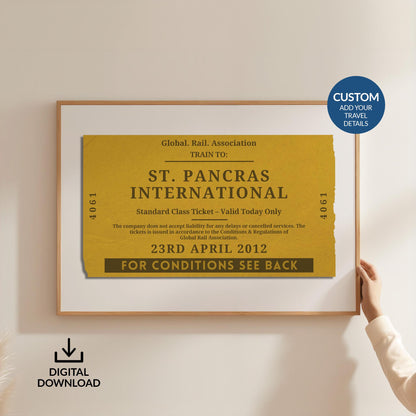 Someone holding up a horizontal poster which is a one of a kind railway stub artwork made for travel lovers as a keepsake for rail journeys and holidays.