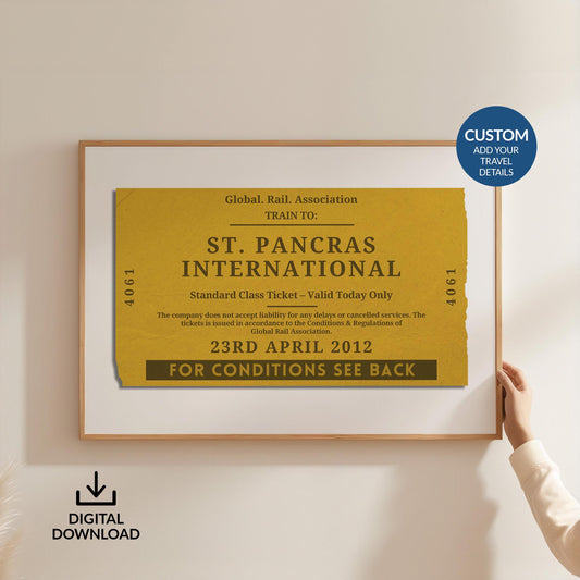 Someone holding up a horizontal poster which is a one of a kind railway stub artwork made for travel lovers as a keepsake for rail journeys and holidays.