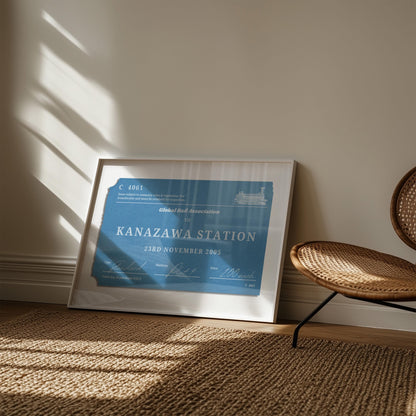 A muted tone of colour art print showing a retro railway tag with custom details on them. The art is in a rustic bedroom with a rattan rug and chair.