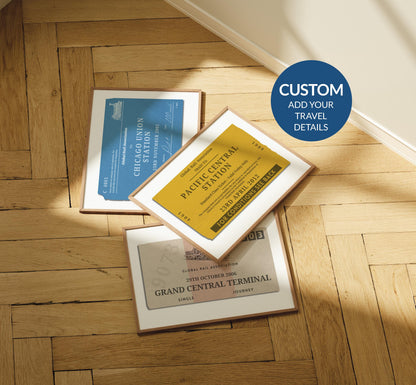A rustic wood parquet floor with three framed prints laid out on the floor. One is a vintage yellow, blue and the other beige. All are made to look like old train station tickets you would find and collect from travelling.