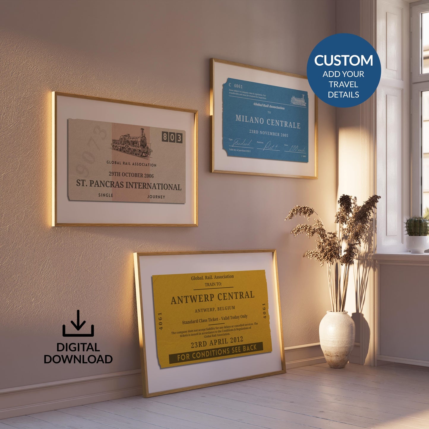 A minimalist home with three prints hung at different levels on the wall. One is a vintage yellow, blue and the other beige. All are made to look like old train station tickets you would find and collect from travelling.