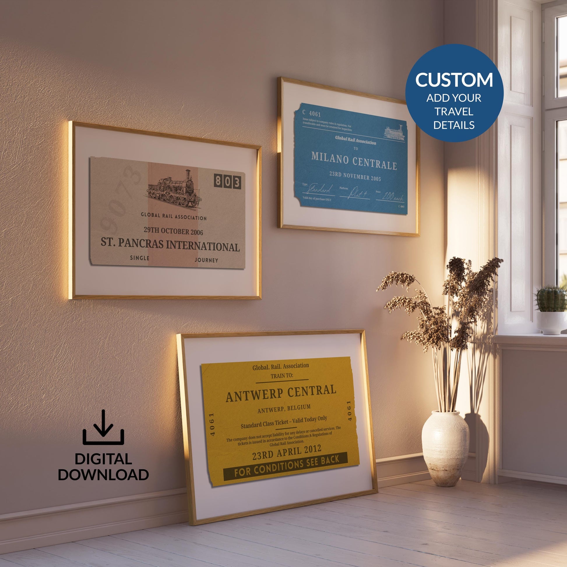 A minimalist home with three prints hung at different levels on the wall. One is a vintage yellow, blue and the other beige. All are made to look like old train station tickets you would find and collect from travelling.