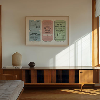 A mid century styled livingroom with a pastel coloured art on the wall. The poster shows three nostalgic ticket stubs with personalised artist and band names on them.