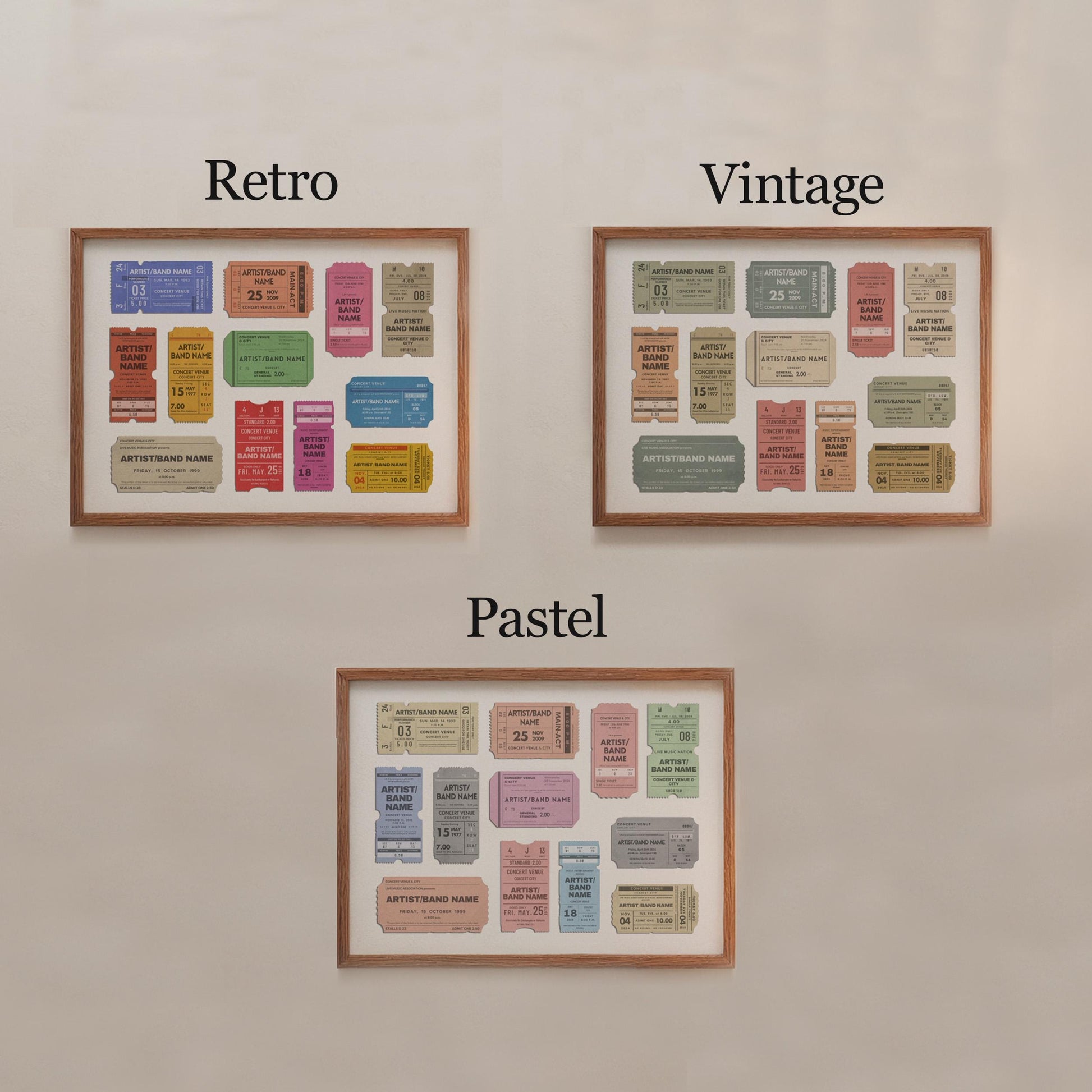 Three landscape frames on a wall with various colour palettes of a retro live music event pass inspired poster design. The clours are vintage, pastel or retro schemes.
