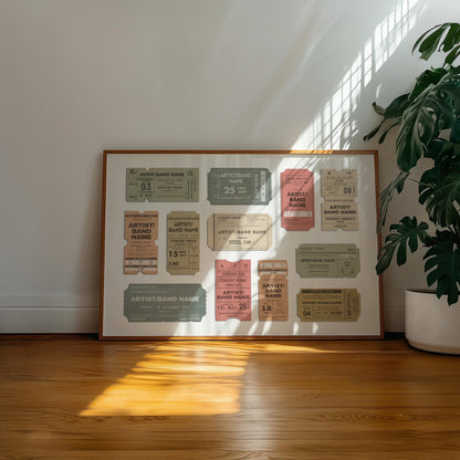 A warm wood floor in a family home office. A large horizontal poster is on the floor near a plant showing worn edge and old faded ticket stubs inspired by old event keepsakes.