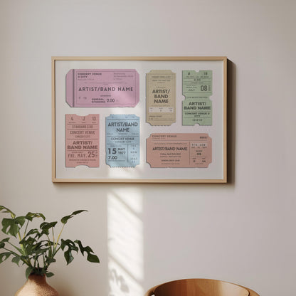 A boho minimalist dining room with a plant and wood chair. On the wall is a horizontal oak frame with a print with pastel colours on it. The art is eclectic, retro and an ideal gift for music lovers.