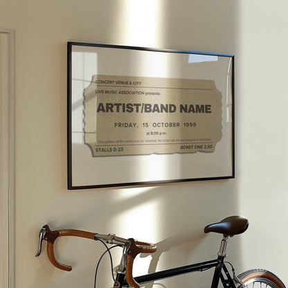A European style apartment hallway with a bike leaning on the wall. Above is a statement art piece inspired by old concert tickets. The art shows a ticket with personalised live music event details on it.