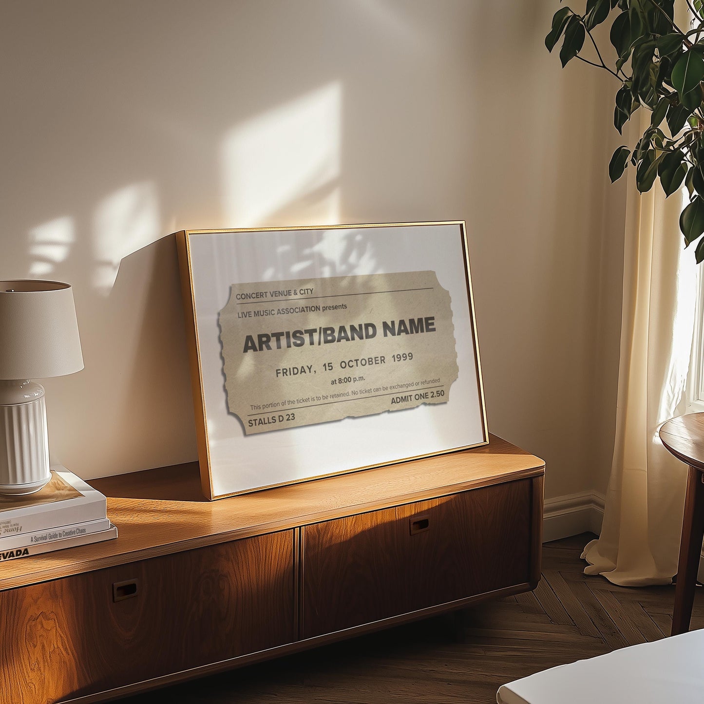A boho mid century style apartment with a wood rustic counter. On top is a poster in a wood frame showing a nostalgic style live music ticket pass with customisable text to display your favourite event.