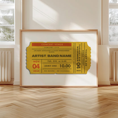 A scandi modern apartment with a large horizontal print leaning on the wall. The art is of a vintage concert ticket stub with personalised text on it.
