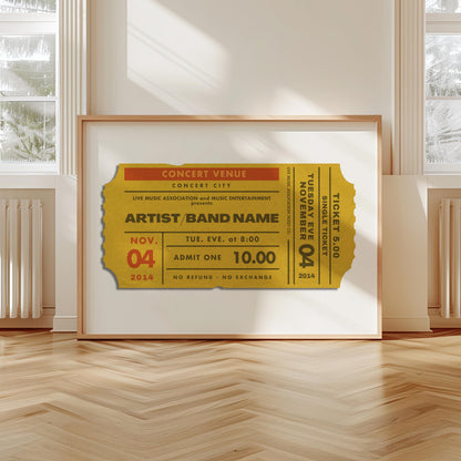 A scandi modern apartment with a large horizontal print leaning on the wall. The art is of a vintage concert ticket stub with personalised text on it.