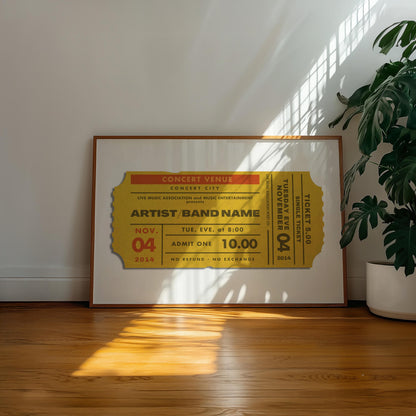 A warm wood floor in a family home office. A large horizontal poster is on the floor near a plant showing worn edge and old faded ticket stubs inspired by old event keepsakes.