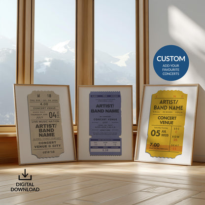 Digital bundle of 3 personalised concert ticket posters in yellow, blue, and beige, vintage-style printable set.