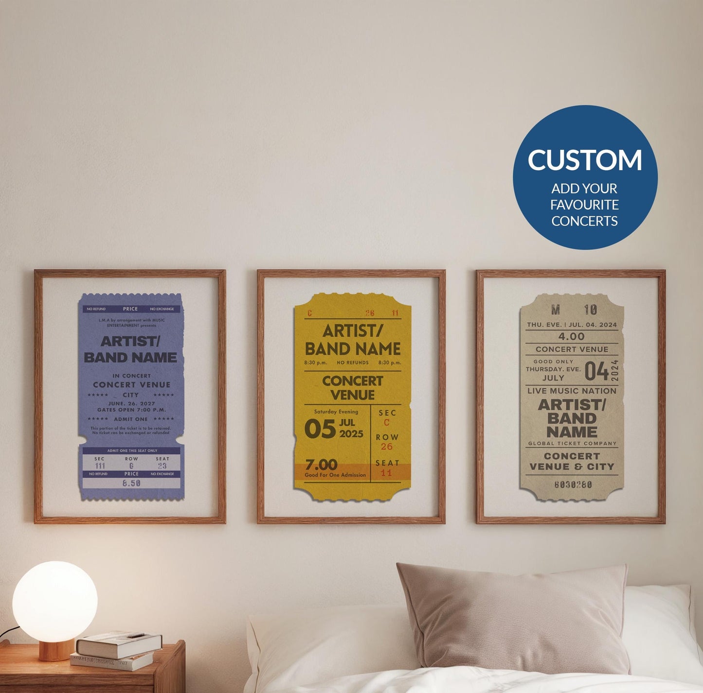A cosy bedroom with three colourful prints hung above the bed. The posters are designed to look like live music event passes with personalised details on them to make a music memory art piece.