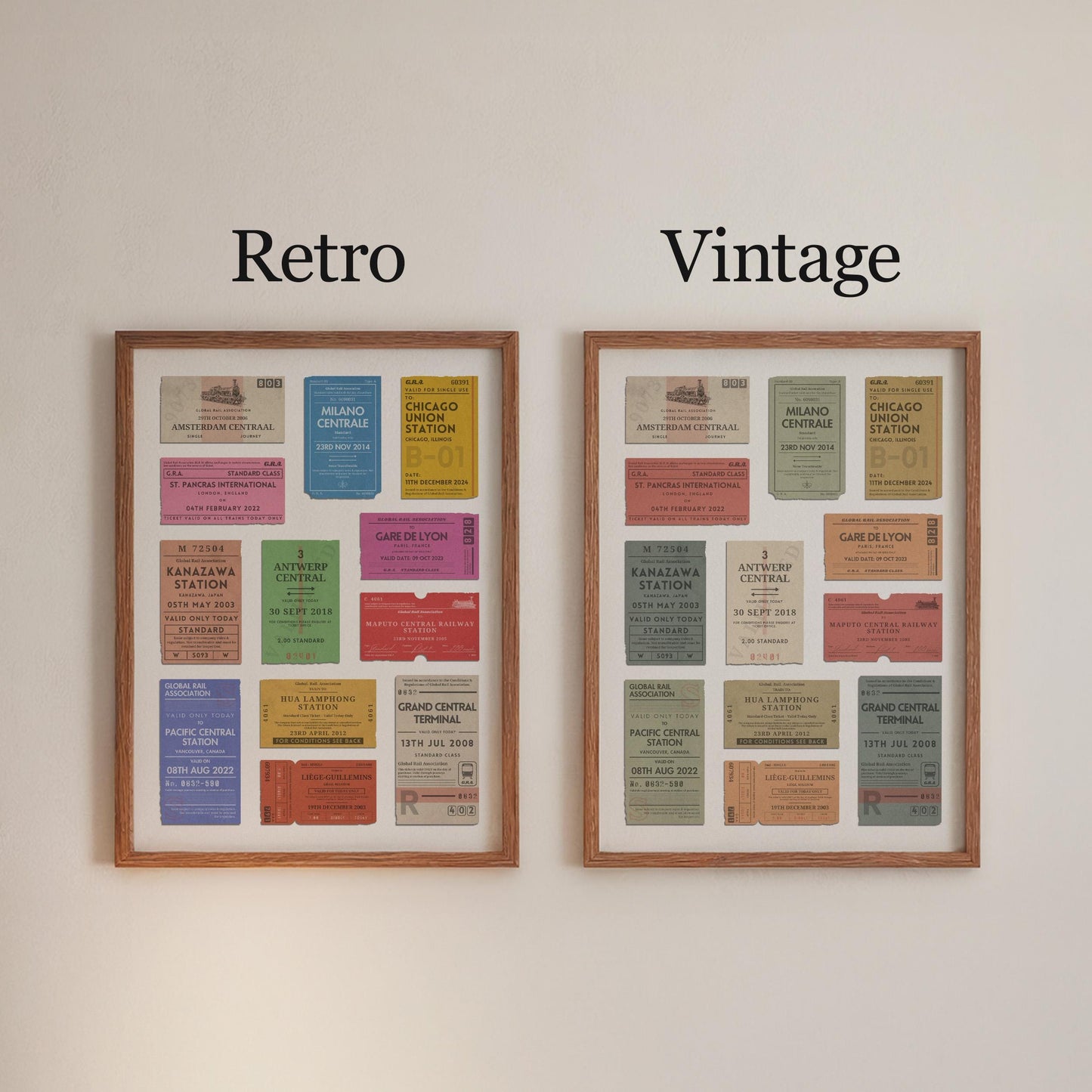 personalised railway pass poster for travellers available in a vibrant retro or muted vintage colour scheme.