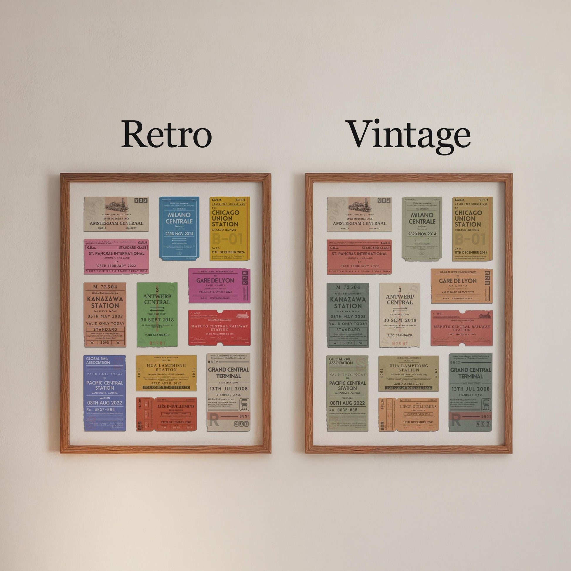 personalised railway pass poster for travellers available in a vibrant retro or muted vintage colour scheme.