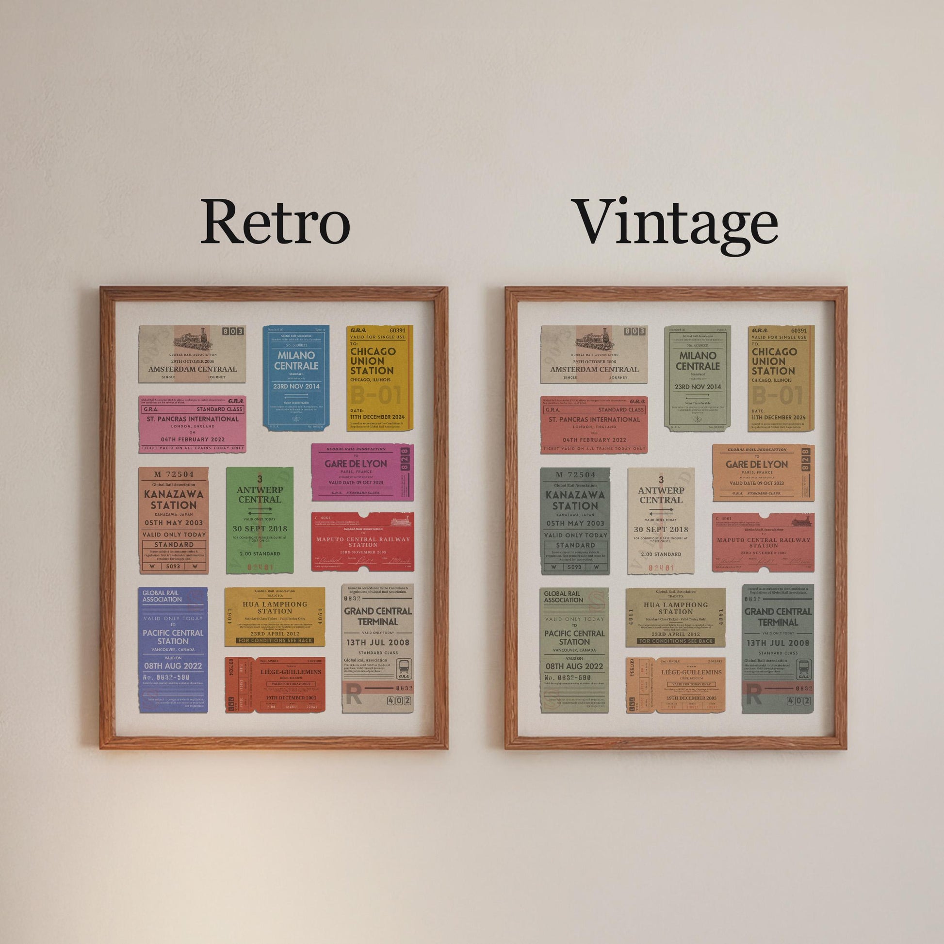 personalised railway pass poster for travellers available in a vibrant retro or muted vintage colour scheme.