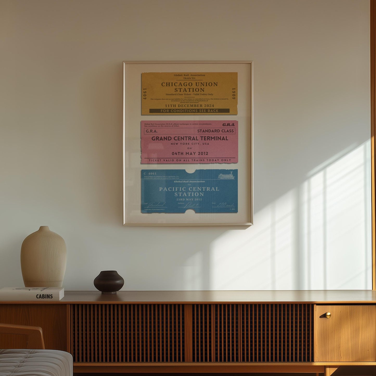 Travel-themed framed print with three custom unique rail tags for your trips, wall art for memory-filled holiday, gap year or honeymoon décor.