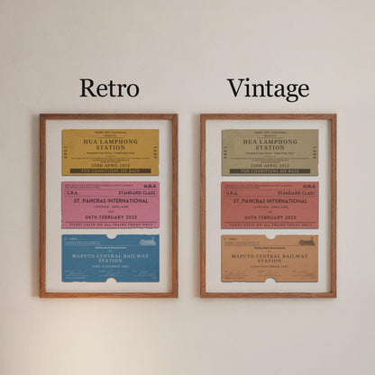 personalised railway pass poster for travellers available in a vibrant retro or muted vintage colour scheme.