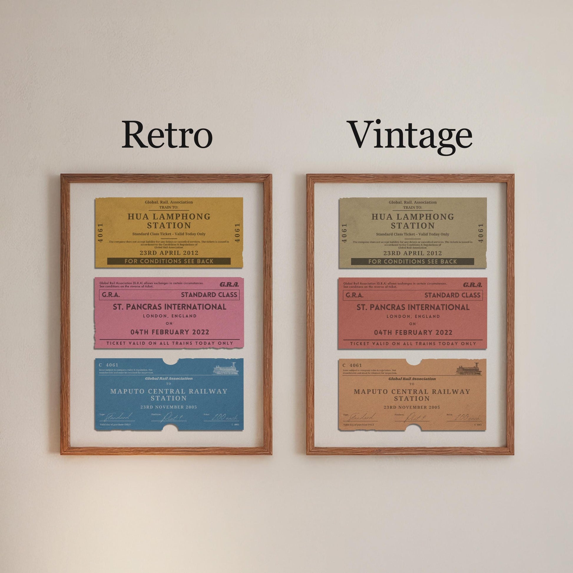 personalised railway pass poster for travellers available in a vibrant retro or muted vintage colour scheme.