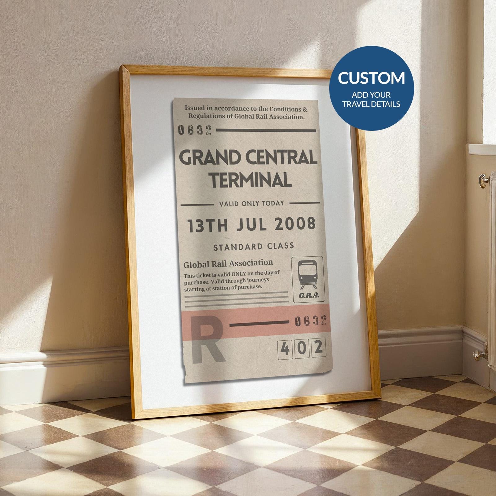 A cream coloured print showing retro railway tags with custom details and a special destination on it.