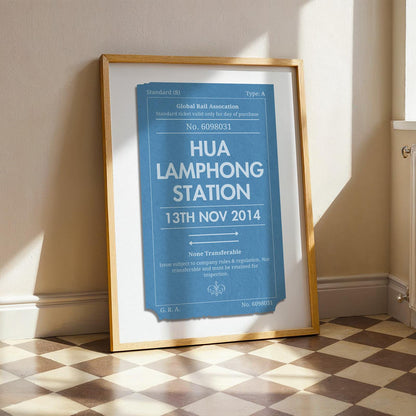 A blue coloured print showing retro railway tags with custom details and a special destination on it.