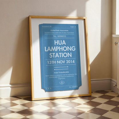 A blue coloured print showing retro railway tags with custom details and a special destination on it.