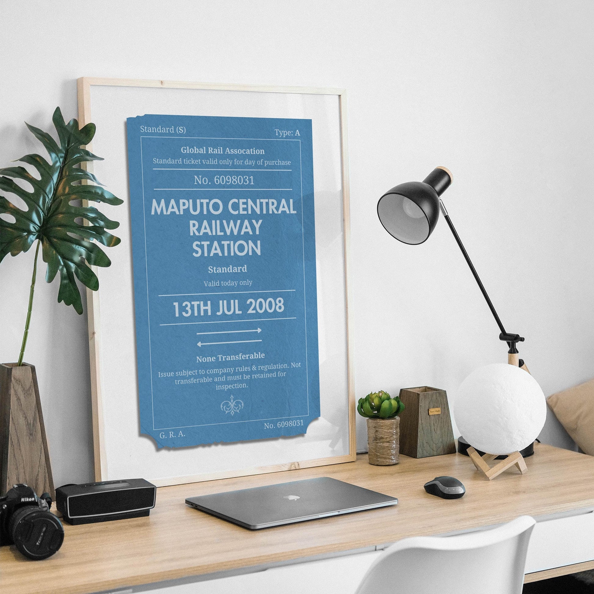 Printed one of a kind to you railway stub artwork travel lovers, unique keepsake gift idea for rail journeys and holidays.