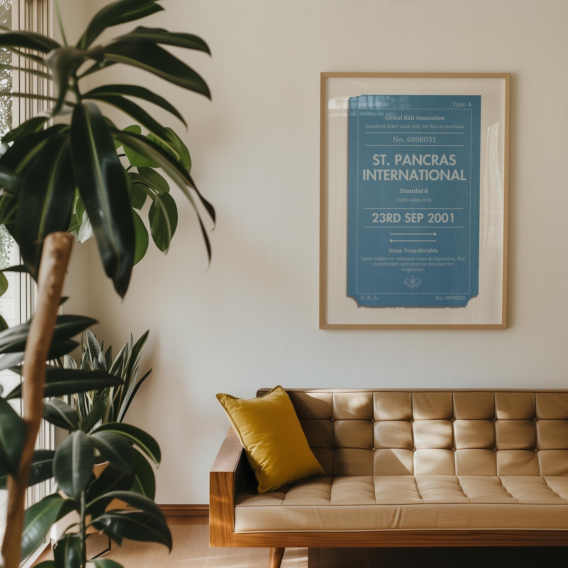 Nostalgic personalised eurail ticket stub Custom Vintage Poster in bedroom, framed travel gift perfect for backpackers and trip memories.