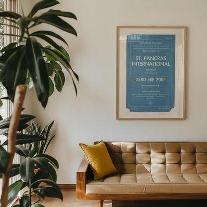 Nostalgic personalised eurail ticket stub Custom Vintage Poster in bedroom, framed travel gift perfect for backpackers and trip memories.