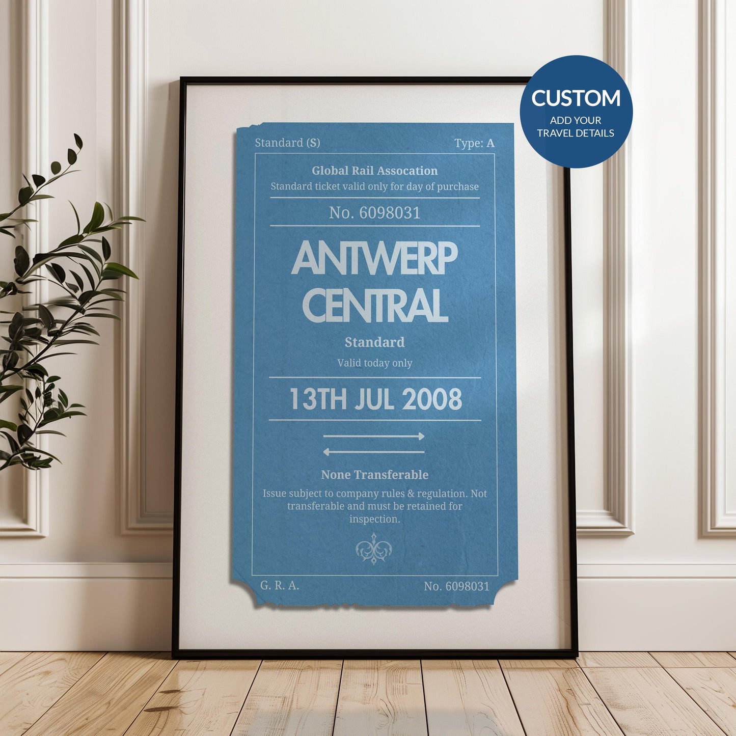 Framed Custom blue and navy colour Vintage train ticket Poster, perfect gift for travellers and nostalgic holiday memories