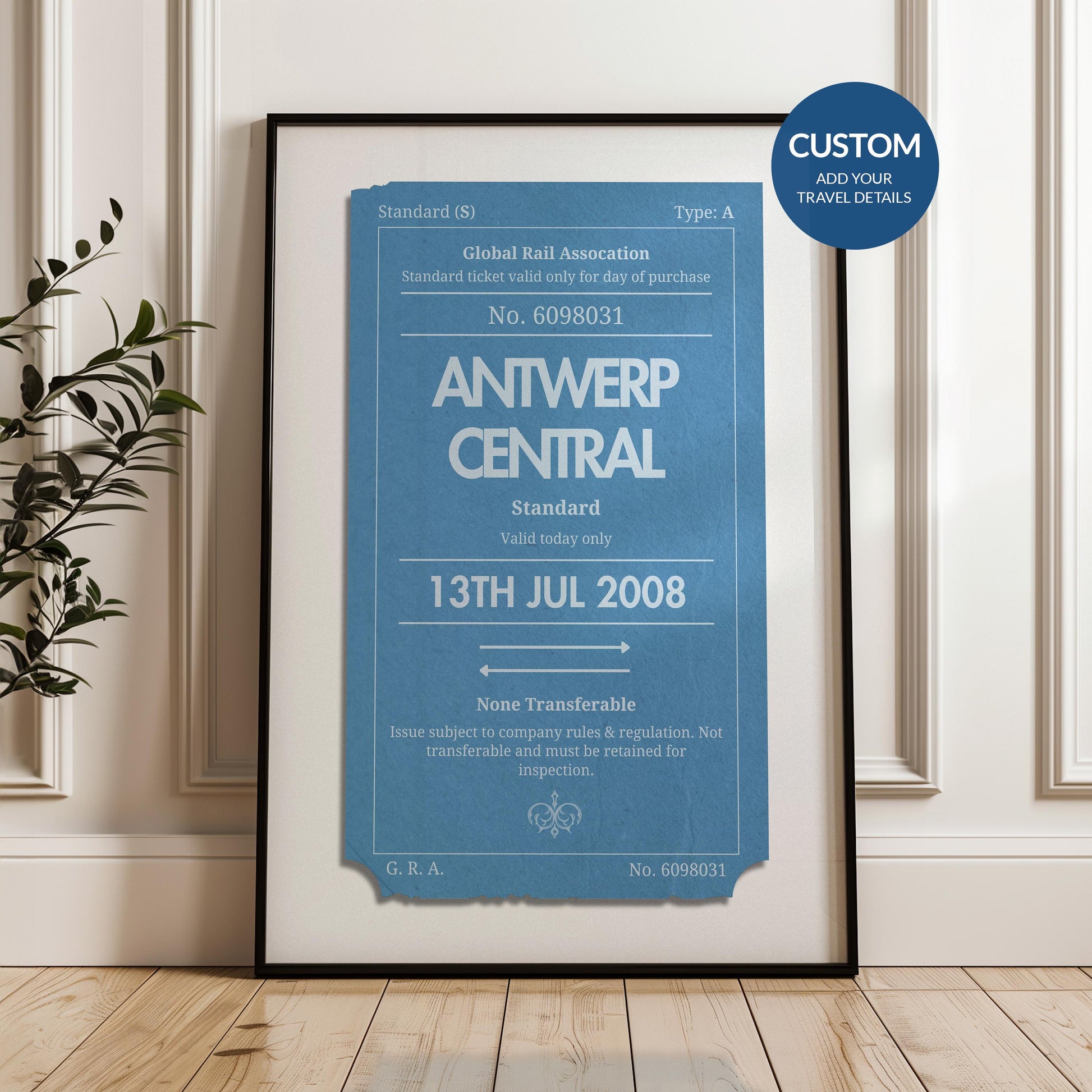 Framed Custom blue and navy colour Vintage train ticket Poster, perfect gift for travellers and nostalgic holiday memories