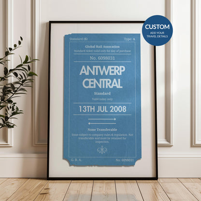 Framed Custom blue and navy colour Vintage train ticket Poster, perfect gift for travellers and nostalgic holiday memories