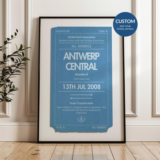 Framed Custom blue and navy colour Vintage train ticket Poster, perfect gift for travellers and nostalgic holiday memories