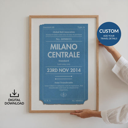 A custom blue and navy colour Vintage train ticket Poster, perfect gift for travellers and nostalgic holiday memories