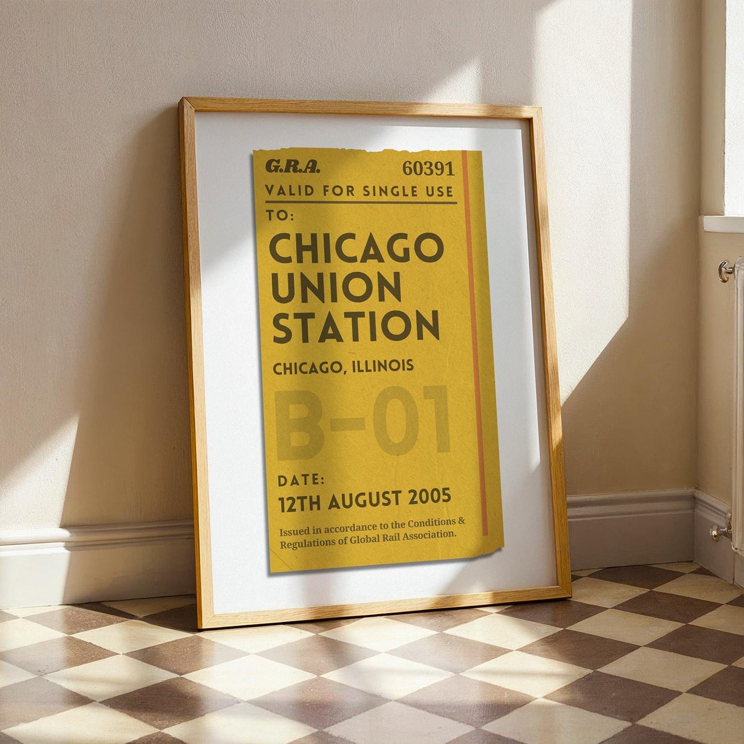 A yellow coloured print showing retro railway tags with custom details and a special destination on it.