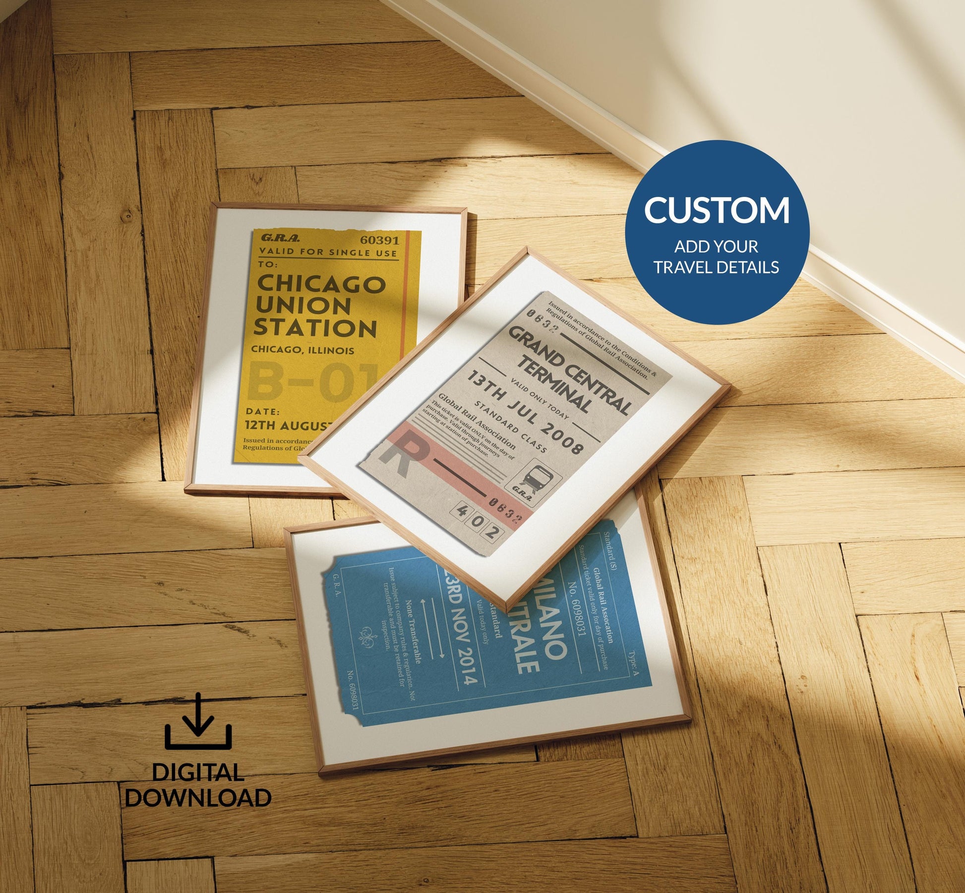 A set of three personalised posters laid out on a wood herringbone floor. The art has a yellow, blue and beige train ticket stub on each in a retro style for a keepsake memory decor piece.