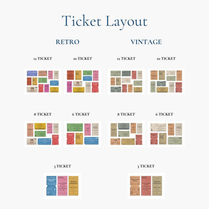 a layout showing all of the number of tickets you can have on the peronalised train ticket print and how they would look in both colour schemes.