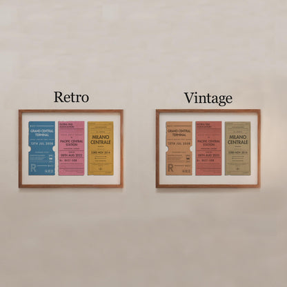 Two prints on a white wall in two colour schemes to show the options available. One is a vibrant retro palette and the other is a muted vintage colour scheme.