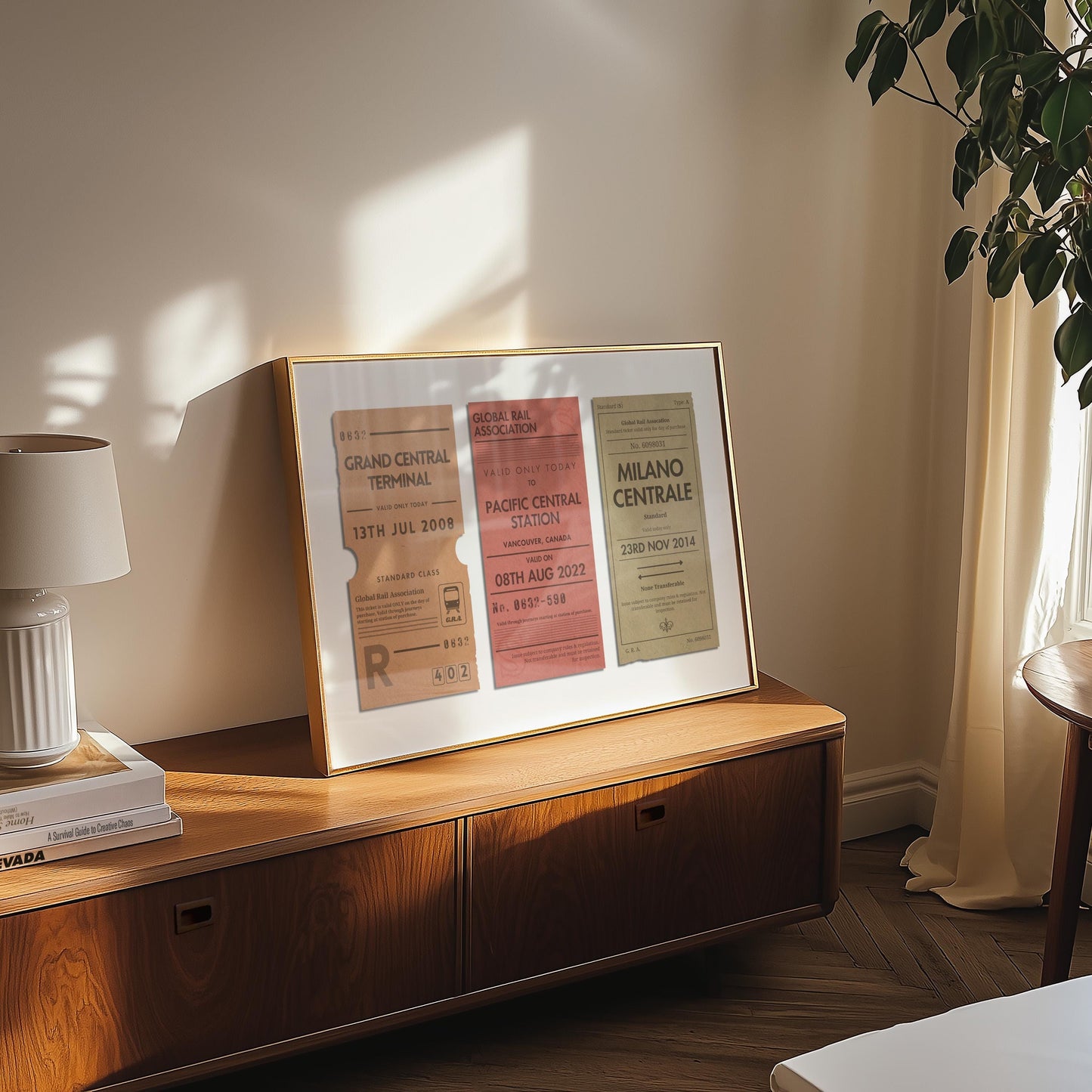 A mid century style cosy bedroom with a colourful print made for travel lovers and their trips. The art is inspired by old ticket stubs and luggage tags.