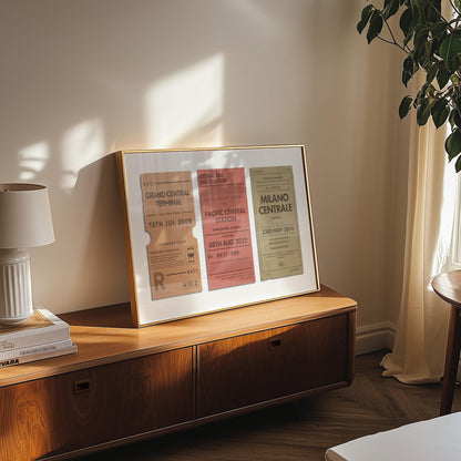 A mid century style cosy bedroom with a colourful print made for travel lovers and their trips. The art is inspired by old ticket stubs and luggage tags.