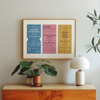 A scandinavian style home with a wood framed poster on the wall which shows personalised train ticket stubs on it. The art is vintage, rustic and bespoke.
